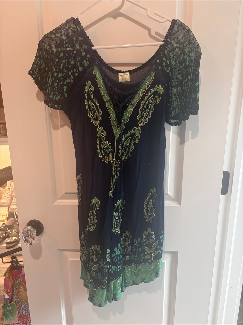 Boho Embroidered Women's Navy and Green Tunic Top